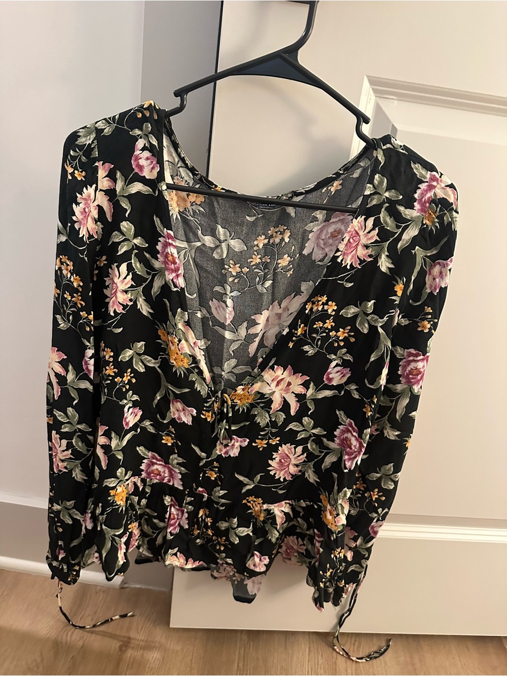 American Eagle Outfitters Black Floral V-Neck Blouse with Pink & Yellow Blooms